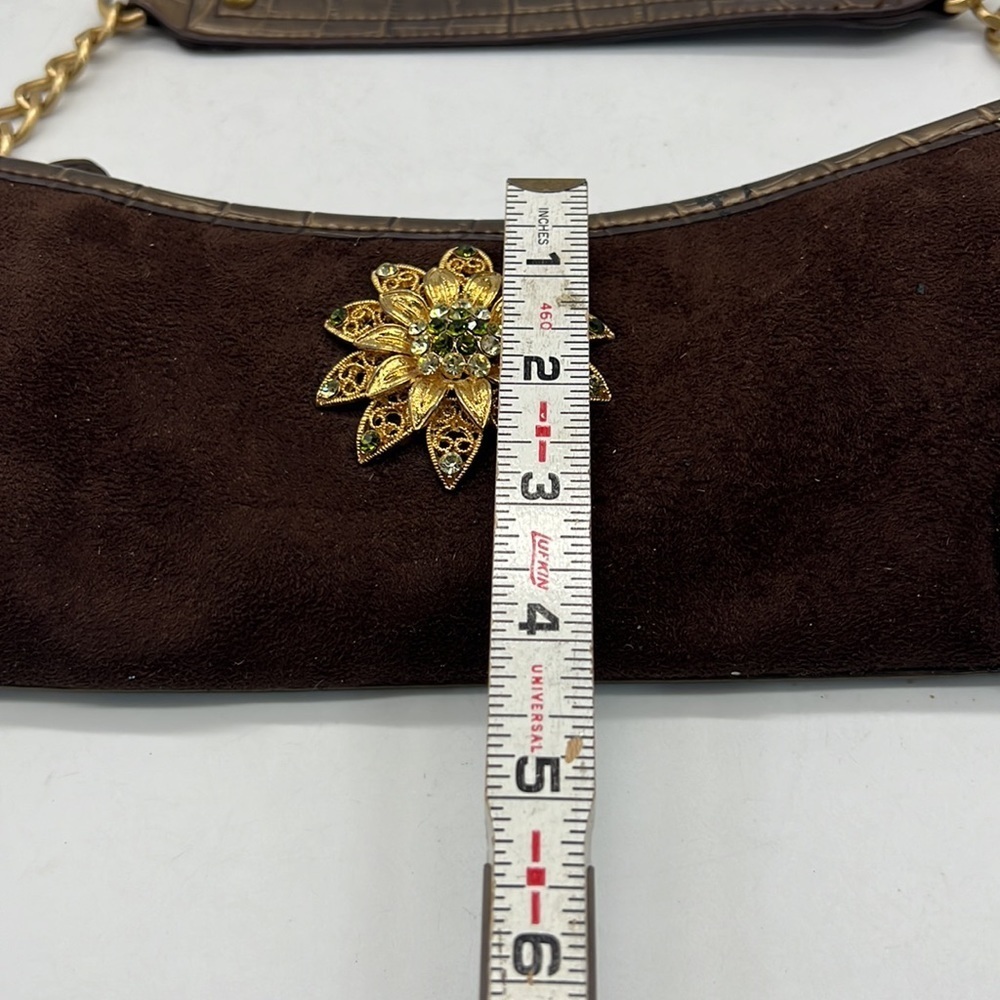 Pretty Brown faux Suede Handbag with Gold Brouch in the Center. - Picture 5 of 11